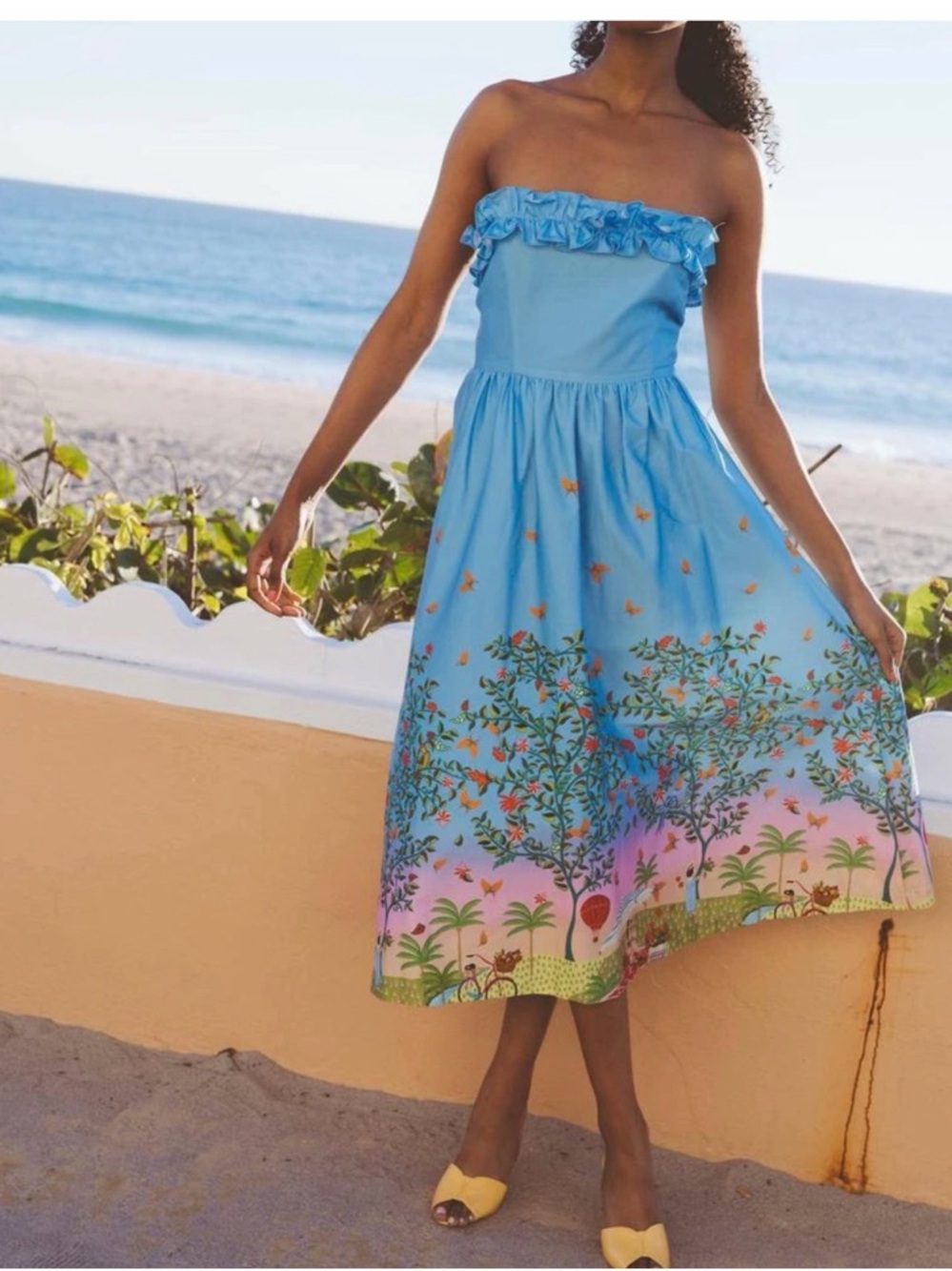 Girls Blue Strapless Ruffle Summer Dress with Scenic Border Print